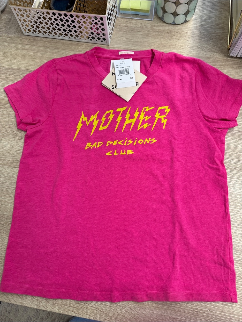 MOTHER Hot Pink Short Sleeve Tee with Yellow Graphic